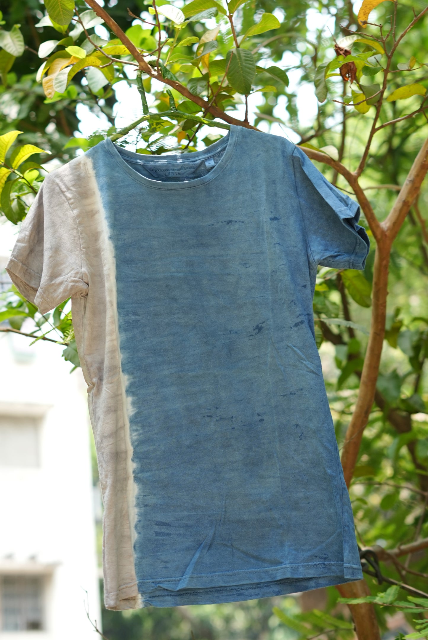Chaitanyaā | Natural Dyed Organic Cotton T-shirt for Women | Navy White Sandgray