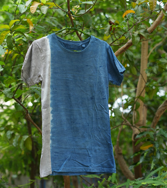 Chaitanyaā | Natural Dyed Organic Cotton T-shirt for Women | Navy White Sandgray