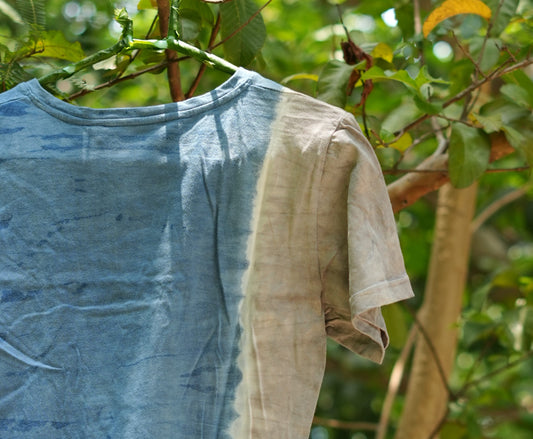 Chaitanyaā | Natural Dyed Organic Cotton T-shirt for Women | Navy White Sandgray